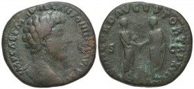 Marcus Aurelius (161-180). Æ Sestertius (32mm, 22.52g, 12h). Rome, AD 162. Bare head r. R/ Marcus Aurelius standing r., holding volumen and clasping r...