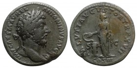 Marcus Aurelius (161-180). Æ Sestertius (32mm, 26.93g, 11h). Rome, AD 163. Laureate head r. R/ Salus standing l., holding sceptre and feeding out of p...