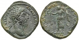 Marcus Aurelius (161-180). Æ Dupondius (26mm, 9.50g, 12h). Rome, AD 168. Radiate head r. R/ Victory standing l., holding palm frond and wreath. Cf. RI...