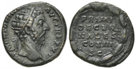 Marcus Aurelius (161-180). Æ Dupondius (24mm, 10.20g, 6h). Rome, AD 171. Radiate head r. R/ Four-line legend across field: all within wreath. RIC III ...