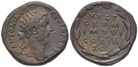 Marcus Aurelius (161-180). Æ Sestertius (30mm, 23.07g, 6h), Rome, 172-3. Laureate head r. R/ VICT GERM IMP VI COS III S C in five lines, within laurel...