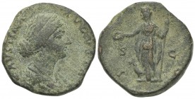 Faustina Junior (Augusta, 147-175). Æ Sestertius (30mm, 24.87g, 6h). Rome, 161-4. Draped bust r. R/ Juno standing l., holding patera and sceptre; at f...