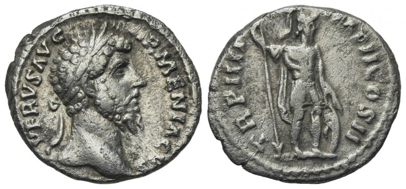 Lucius Verus (161-169). AR Denarius (17mm, 2.95g, 6h). Rome, AD 164. Laureate he...