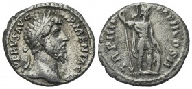 Lucius Verus (161-169). AR Denarius (17mm, 2.95g, 6h). Rome, AD 164. Laureate head r. R/ Mars standing r., holding spear and round shield. RIC III 516...