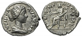Lucilla (Augusta, 164-182). AR Denarius (19mm, 3.34g, 6h). Rome, c. AD 164. Draped bust r. R/ Juno seated l. on throne, holding flower and infant. RIC...