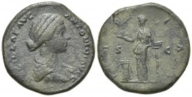 Lucilla (Augusta, 164-182). Æ Sestertius (31mm, 20.63g, 11h). Rome, 161-2. Draped bust r. R/ Pietas standing l., holding accerum and sacrificing over ...