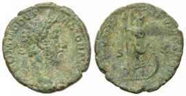 Commodus (177-192). Æ As (25mm, 9.57g, 6h). Rome, AD 184. Laureate head r. R/ Minerva standing r., holding spear and shield. RIC III 428. Green patina...
