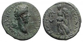 Commodus (177-192). Macedon, Thessalonica. Æ (25mm, 14.53g, 6h). Laureate head r. R/ Nike alighting l., holding wreath and palm frond; crescent to l. ...