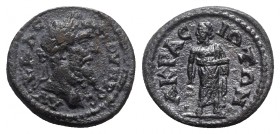 Septimius Severus (193-211). Lydia, Acrasus. Æ (20mm, 4.58g, 6h). Laureate head r. R/ Asclepius standing facing, head l., leaning upon serpent-entwine...