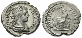Caracalla (198-217). AR Denarius (20mm, 3.49g, 12h). Rome, AD 205. Laureate and draped bust r. R/ Salus seated l., feeding from patera a snake coiled ...