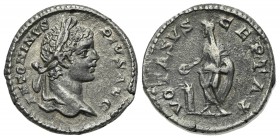 Caracalla (198-217). AR Denarius (19mm, 3.07g, 12h). Rome, AD 208. Laureate and draped bust r. R/ Caracalla standing facing, head l., sacrificing over...