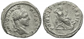 Caracalla (198-217). AR Denarius (19.5mm, 2.44g, 6h). Rome, AD 207. Laureate head r. R/ Securitas seated r., holding sceptre; flaming altar before. RI...