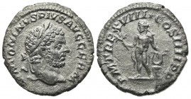 Caracalla (198-217). AR Denarius (18mm, 2.18g, 12h). Rome, AD 215. Laureate head r. R/ Apollo standing l., holding olive branch and lyre set upon alta...