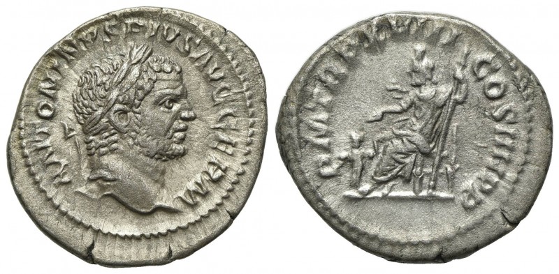 Caracalla (198-217). AR Denarius (20mm, 3.09g, 1h). Rome. Laureate head r. R/ Pl...