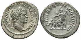 Caracalla (198-217). AR Denarius (20mm, 3.09g, 1h). Rome. Laureate head r. R/ Pluto seated l. on throne, holding sceptre and extending hand to Cerberu...