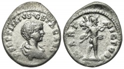 Geta (Caesar, 198-209). AR Denarius (20mm, 2.79g, 11h). Laodicea, AD 202. Bare-headed and draped bust r. R/ Mars advancing r., holding spear and troph...