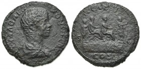 Geta (Caesar, 198-209). Æ As (25mm, 10.50g, 12h). Rome, AD 205. Bare-headed, draped and cuirassed bust r. R/ Septimius, Caracalla and Geta seated r. o...