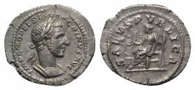 Macrinus (217-218). AR Denarius (21mm, 2.86g, 6h). Rome, AD 217. Laureate and cuirassed bust r. R/ Salus seated l., holding sceptre and feeding from p...