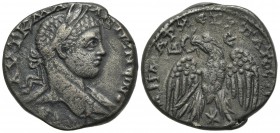 Elagabalus (218-222). Seleucis and Pieria, Antioch. Tetradrachm (25mm, 11.45g, 6h). Laureate bust r. with drapery on far shoulder. R/ Eagle standing f...