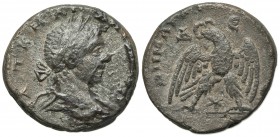 Elagabalus (218-222). Seleucis and Pieria, Antioch. Tetradrachm (24mm, 11.46g, 1h). Laureate bust r. with drapery on far shoulder. R/ Eagle standing f...