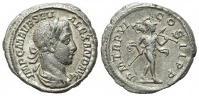 Severus Alexander (222-235). AR Denarius (20mm, 3.20g, 12h). Rome, AD 227. Laureate and draped bust r. R/ Mars advancing r., holding trophy and spear....