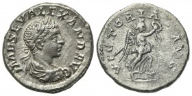 Severus Alexander (222-235). AR Denarius (18mm, 3.14g, 6h). Antioch, AD 222. Laureate, draped and cuirassed bust r., seen from behind. R/ Victory adva...