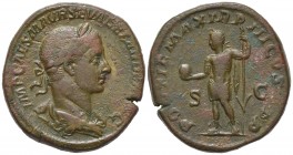 Severus Alexander (222-235). Æ Sestertius (31mm, 20.90g, 12h). Rome, AD 225. Laureate and draped bust r. R/ Severus Alexander standing l., holding glo...