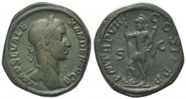 Severus Alexander (222-235). Æ Sestertius (32mm, 22.76g, 12h). Rome, AD 228. Laureate, draped and cuirassed bust r. R/ Virtus standing l., foot on pro...