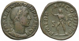 Severus Alexander (222-235). Æ Sestertius (29.5mm, 21.25g, 12h). Rome, AD 233. Laureate, draped and cuirassed bust r. R/ Sol advancing l., raising han...