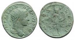 Severus Alexander (222-235). Æ Dupondius (26mm, 9.89g, 12h). Rome, AD 232. Radiate bust r., slight drapery on left shoulder. R/ Mars advancing r., hol...