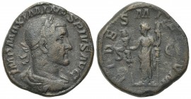 Maximinus I (235-238). Æ Sestertius (30mm, 18.13g, 12h). Rome, 236-7. Laureate, draped and cuirassed bust r. R/ Fides standing l., holding signum in e...