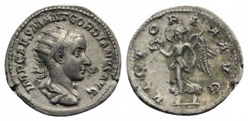 Gordian III (238-244). AR Antoninianus (22mm, 3.47g, 12h). Rome, AD 238. Radiate, draped and cuirassed bust r., seen from behind. R/ Victory advancing...