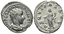 Gordian III (238-244). AR Antoninianus (23mm, 3.32g, 7h). Rome, 239-40. Radiate, draped and cuirassed bust r. R/ Aequitas standing l., holding scales ...
