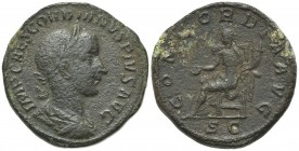Gordian III (238-244). Æ Sestertius (30.5mm, 24.81g, 12h). Rome, AD 239. Laureate, draped and cuirassed bust r. R/ Concordia seated l., holding patera...