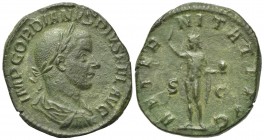 Gordian III (238-244). Æ Sestertius (31mm, 18.68g, 12h). Rome, 240-3. Laureate, draped and cuirassed bust r. R/ Sol standing, raising r. hand and hold...