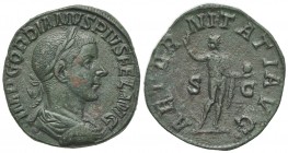 Gordian III (238-244). Æ Sestertius (29mm, 18.03g, 12h). Rome, 240-3. Laureate, draped and cuirassed bust r. R/ Sol standing, raising r. hand and hold...