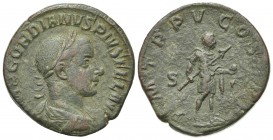 Gordian III (238-244). Æ Sestertius (29mm, 15.93g, 12h). Rome, AD 242. Laureate, draped and cuirassed bust r. R/ Gordian advancing r., holding spear a...