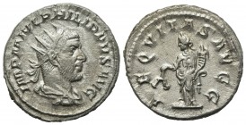 Philip I (244-249). AR Antoninianus (21mm, 3.80g, 6h). Rome, AD 246. Radiate, draped and cuirassed bust r. R/ Aequitas standing l., holding scales and...