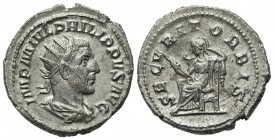 Philip I (244-249). AR Antoninianus (23mm, 4.63g, 6h). Rome, AD 245. Radiate, draped and cuirassed bust r. R/ Securitas seated l., holding sceptre and...