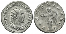 Philip I (244-249). AR Antoninianus (22.5mm, 4.46g, 6h). Rome, AD 244. Radiate, draped and cuirassed bust r. R/ Victory standing l., holding wreath an...