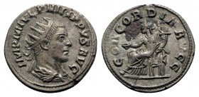 Philip I (244-249). AR Antoninianus (21.5mm, 4.58g, 12h). Antioch, 247-8. Radiate, draped and cuirassed bust r. R/ Concordia seated l., holding patera...