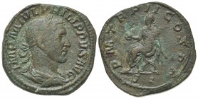 Philip I (244-249). Æ Sestertius (31mm, 19.23g, 12h). Rome, AD 245. Laureate, draped and cuirassed bust r. R/ Philip seated l. on curule chair, holdin...