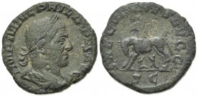 Philip I (244-249). Æ Sestertius (28mm, 15.94g, 6h). Rome, AD 249. Laureate, draped and cuirassed bust r. R/ She-wolf standing l., head r., suckling t...
