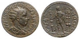 Philip I (244-249). Pisidia, Antioch. Æ (26mm, 9.81g, 12h). Radiate, draped and cuirassed bust r. R/ Emperor standing facing, head r., holding standar...