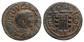 Philip I (244-249). Pisidia, Antioch. Æ (25mm, 7.75g, 6h). Radiate, draped and cuirassed bust r., seen from behind. R/ Aquila between two signa. SNG B...