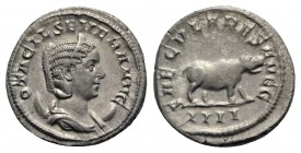 Otacilia (Augusta, 244-249). AR Antoninianus (22mm, 4.66g, 12h). Rome, 248-9. Diademed and draped bust r., set on crestent. R/ Hippopotamus walking r....
