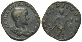 Philip II (Caesar, 244-247). Æ Sestertius (28mm, 16.46g, 12h). Rome, AD 245. Bareheaded and draped bust r. R/ Philip II standing r., holding spear and...