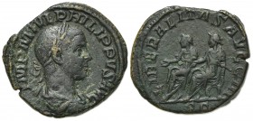 Philip II (Caesar, 244-247). Æ Sestertius (30mm, 18.45g, 1h). Rome, 247-9. Laureate, draped and cuirassed bust r. R/ Philip I and Philip II, both toga...