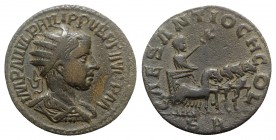 Philip II (247-249). Pisidia, Antioch. Æ (27mm, 10.94g, 6h). Radiate, draped and cuirassed bust r. R/ Philip driving quadriga r., holding reins and ea...