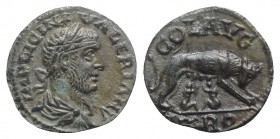 Valerian I (253-260). Troas, Alexandria. Æ (20mm, 5.11g, 12h). Laureate, draped and cuirassed bust r. R/ She-wolf standing r., suckling the twins Romu...